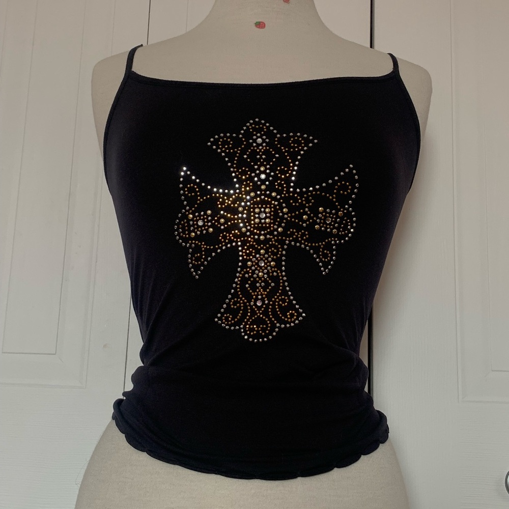 Black Rhinestone Cross Cami Tank Top🖤💛